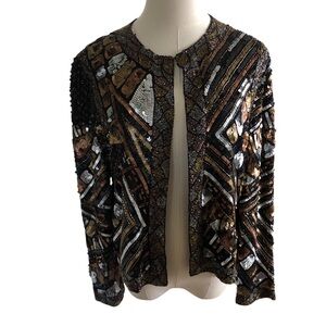 Adrianna Papell Vintage Evening Black Bronze Sequin Silk Jacket Large